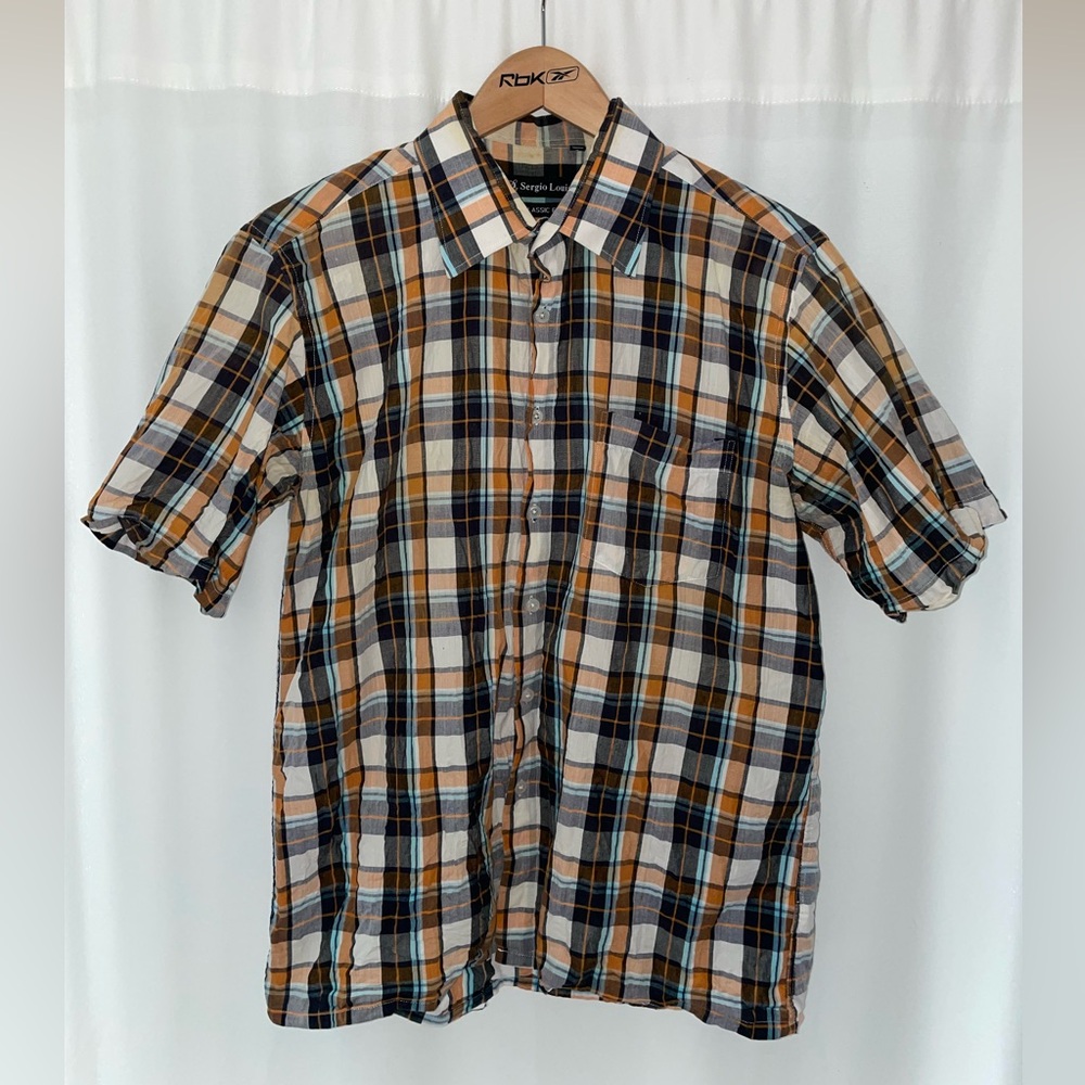 Sergio Louis men’s L large plaid button down t shirt short sleeve tee classic fi